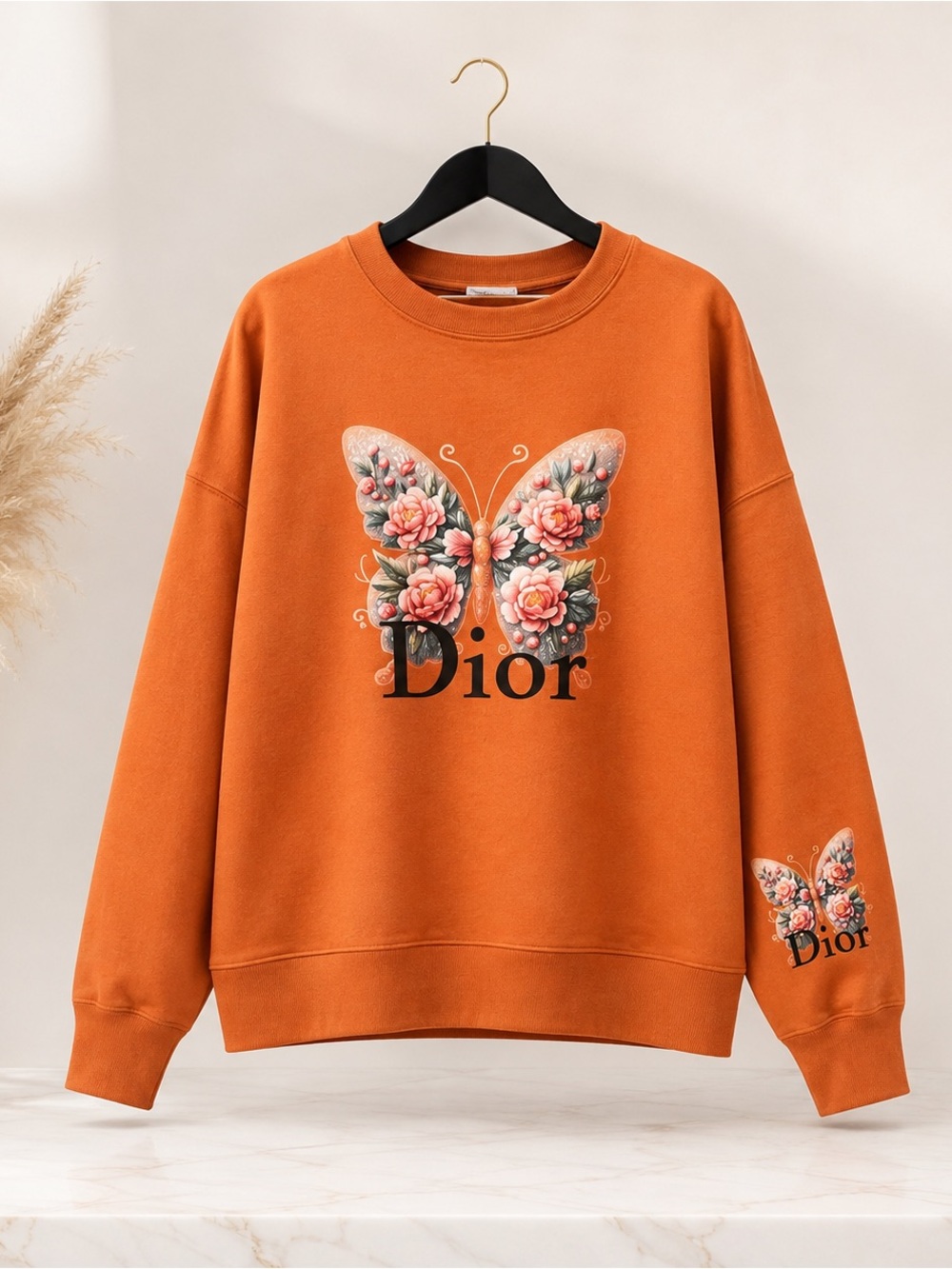 Plus Size Burnt Orange Butterfly Floral Crewneck Sweatshirt